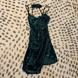 A’GACI velvet wrapped asymmetrical hem mini dress with attached choker necklace